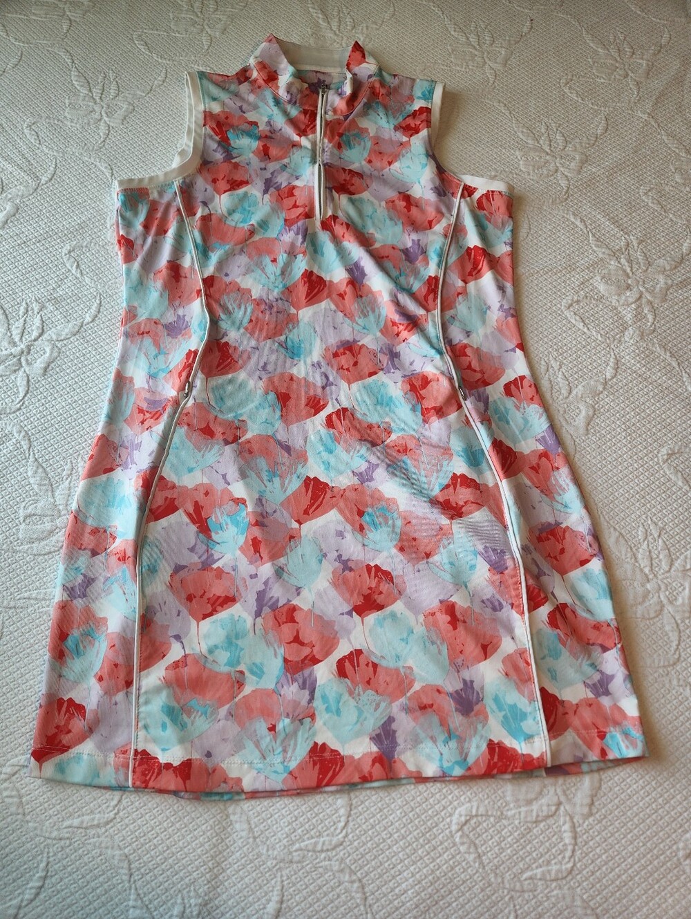 Pebble Beach Coral, Aqua & White Floral Cold-Shoulder Dress